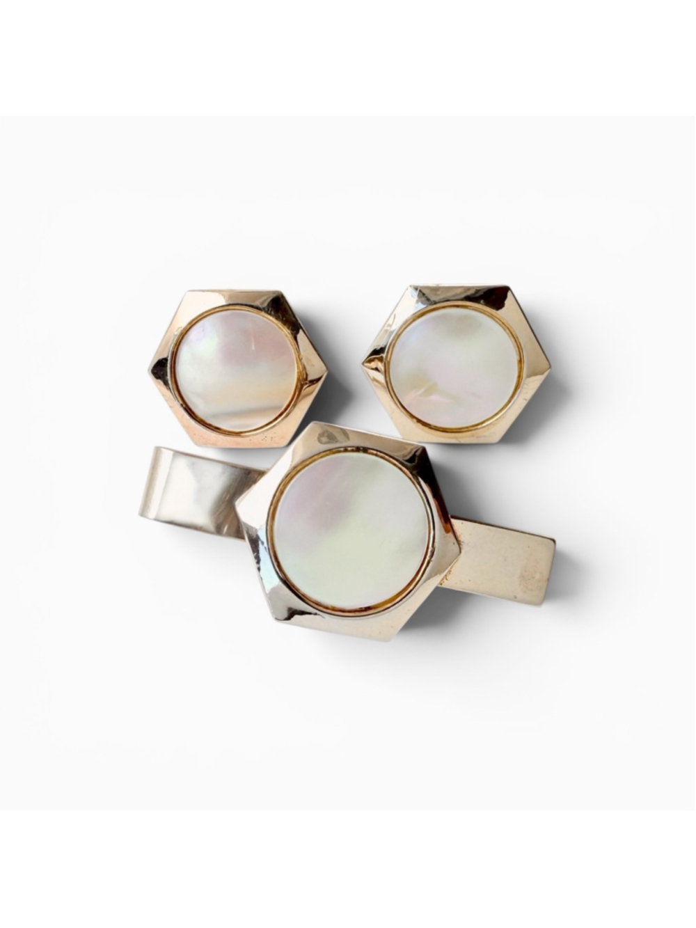 Vintage 1940s Mother of Pearl Cufflinks Tie Clip Set, Gold Tone Hexagon Cufflink